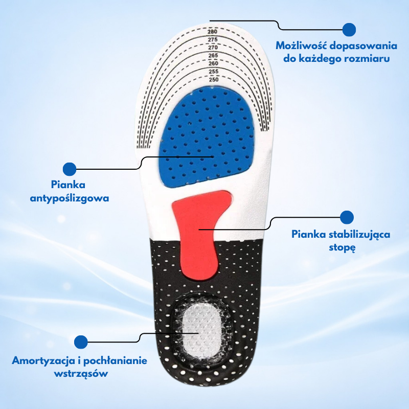 Wkładki amortyzujące na bóle stóp, płaskostopie, ostrogi piętowe